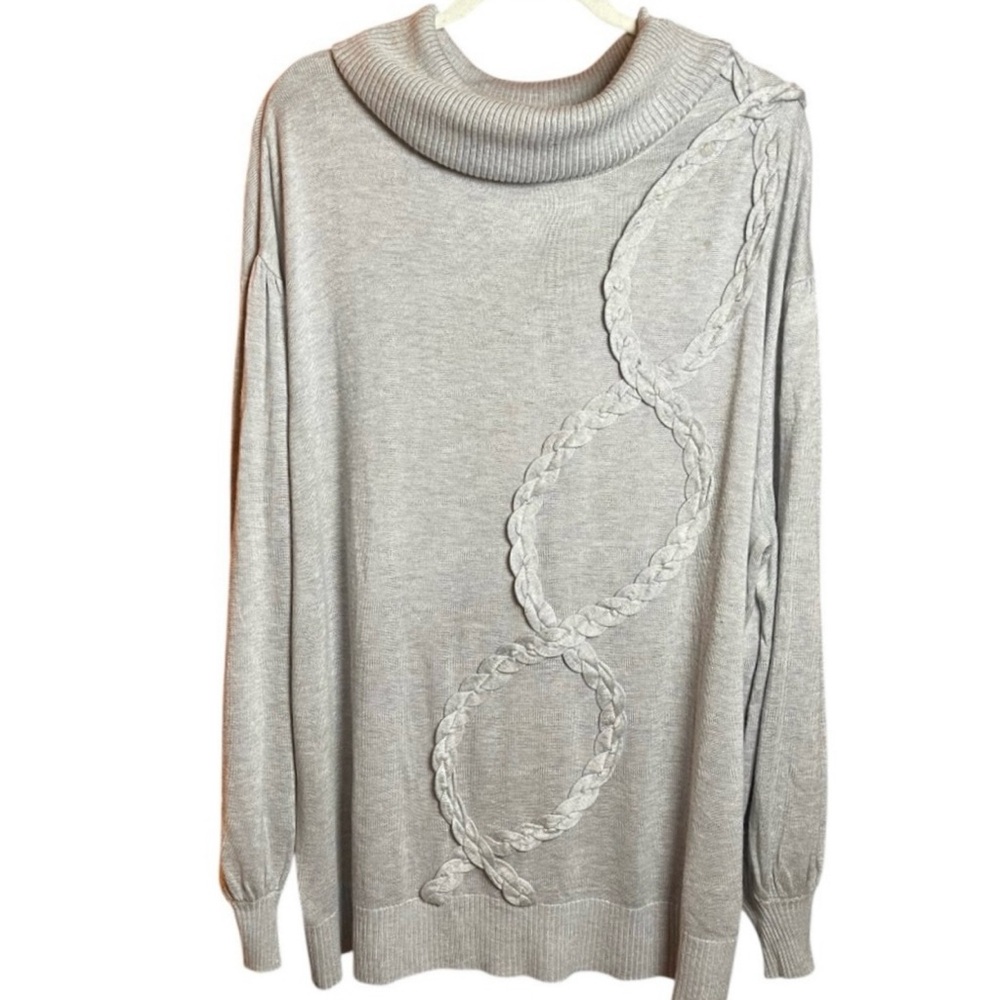 Laurie Felt Braided Knit Sweater with Balloon Sleeves. Light Grey. Size 2X